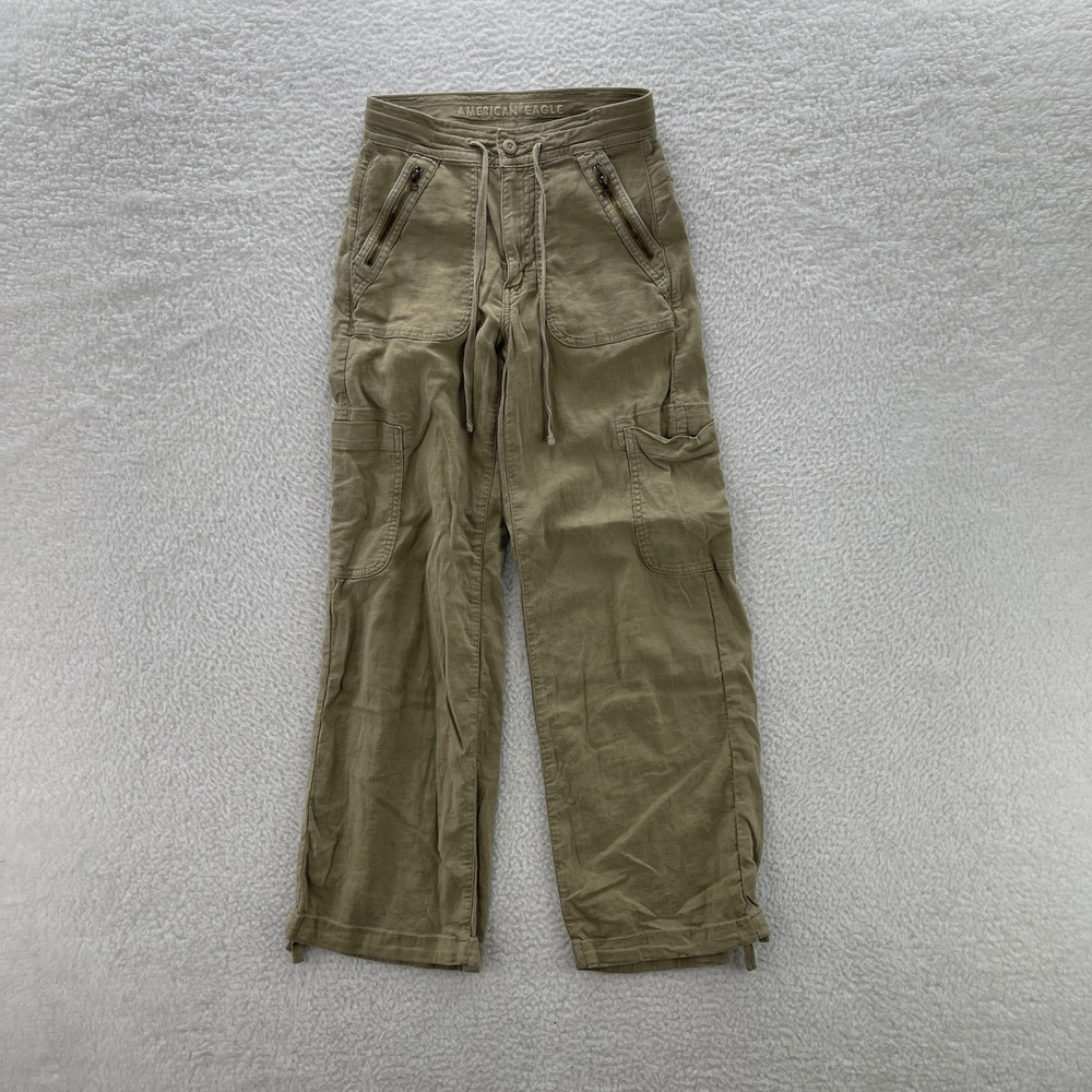 American Eagle Cargo Pants Women 00 Beige Dreamy Drape Baggy Wide Leg Y2K